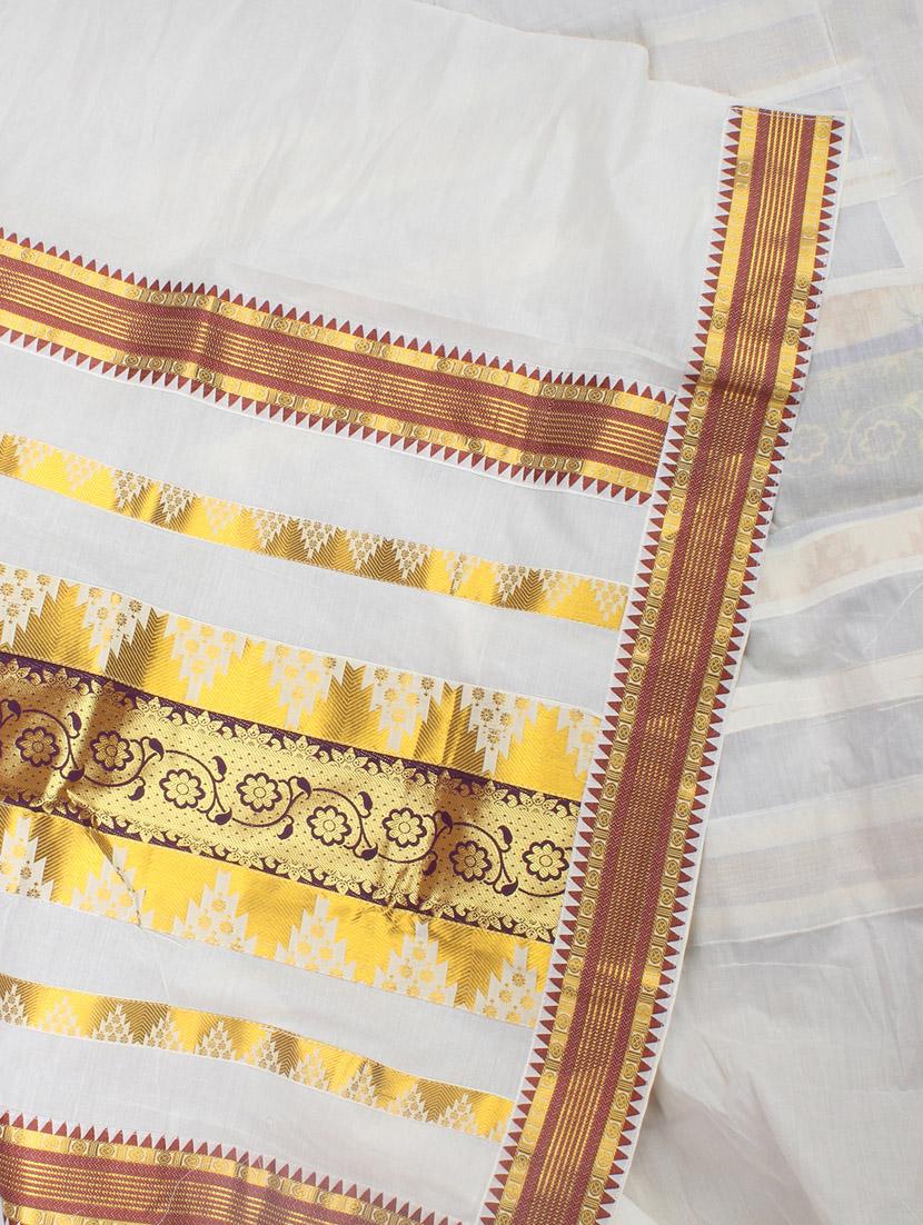 Cream Color Cotton Kasavu Saree with blouse - 9661163 - Zoom Image - 3