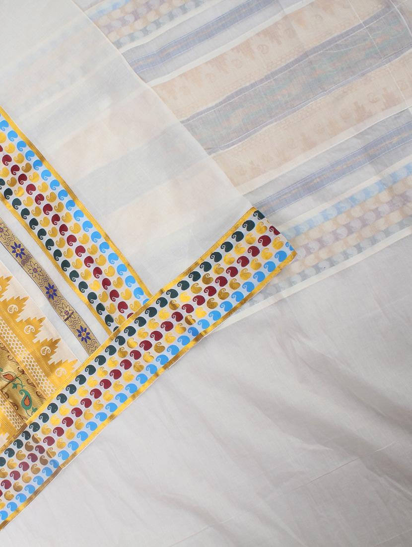 Cream Color Cotton Kasavu Saree with blouse - 9661170 - Zoom Image - 3