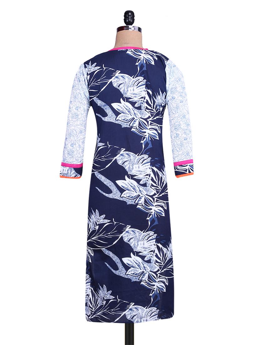 Black and White Printed Kurti with Orange Placket - 9676081 - Zoom Image - 3