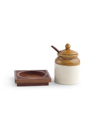 ceramic pickle jar and spoon set with wooden base stand - 9688296 - Standard Image - 3