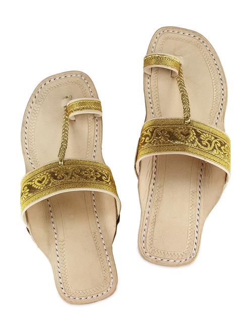 gold jacquard leather kolhapuri flats - 9729535 - Very Small Image - 1