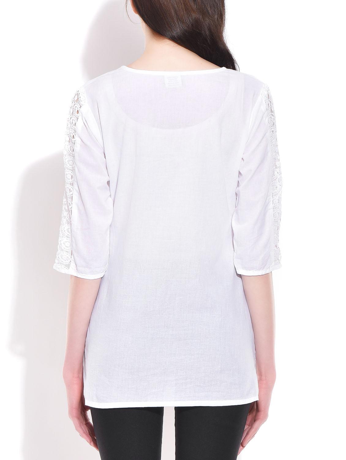 white colored, Cotton Embroidered Top - 9822139 - Zoom Image - 3