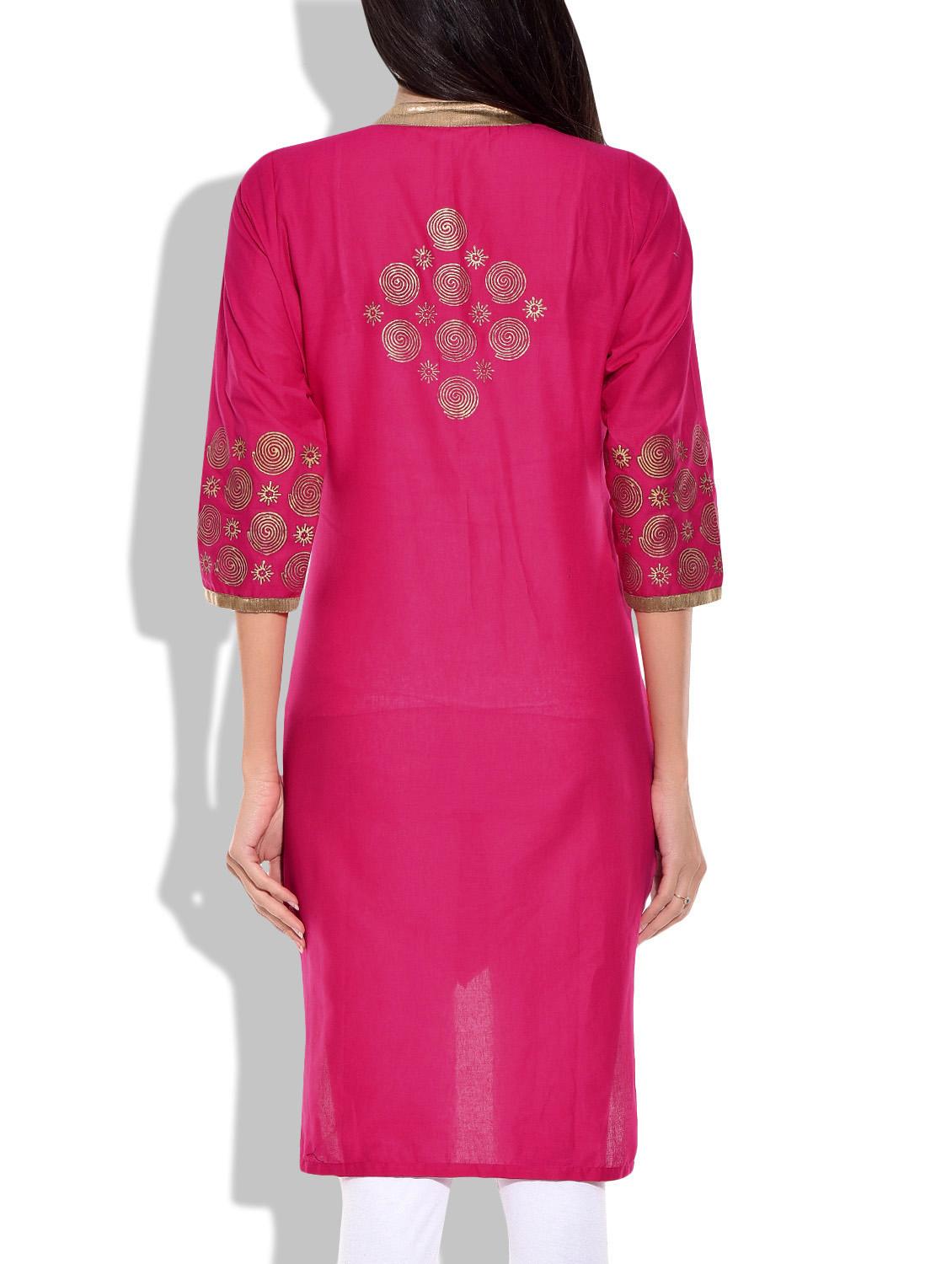magenta cotton straight kurta - 9907992 - Zoom Image - 3