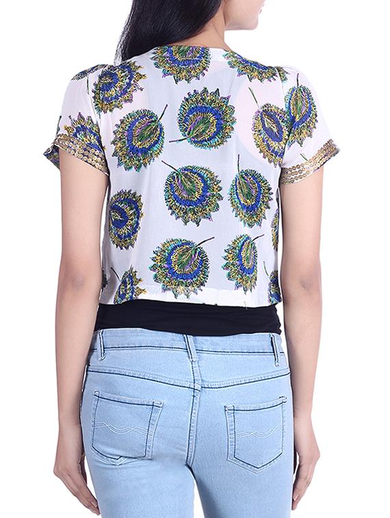 white peacock print georgette crop jacket - 9973665 - Zoom Image - 3