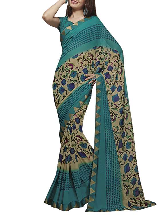 ishin georgette blue & beige printed fancy saree