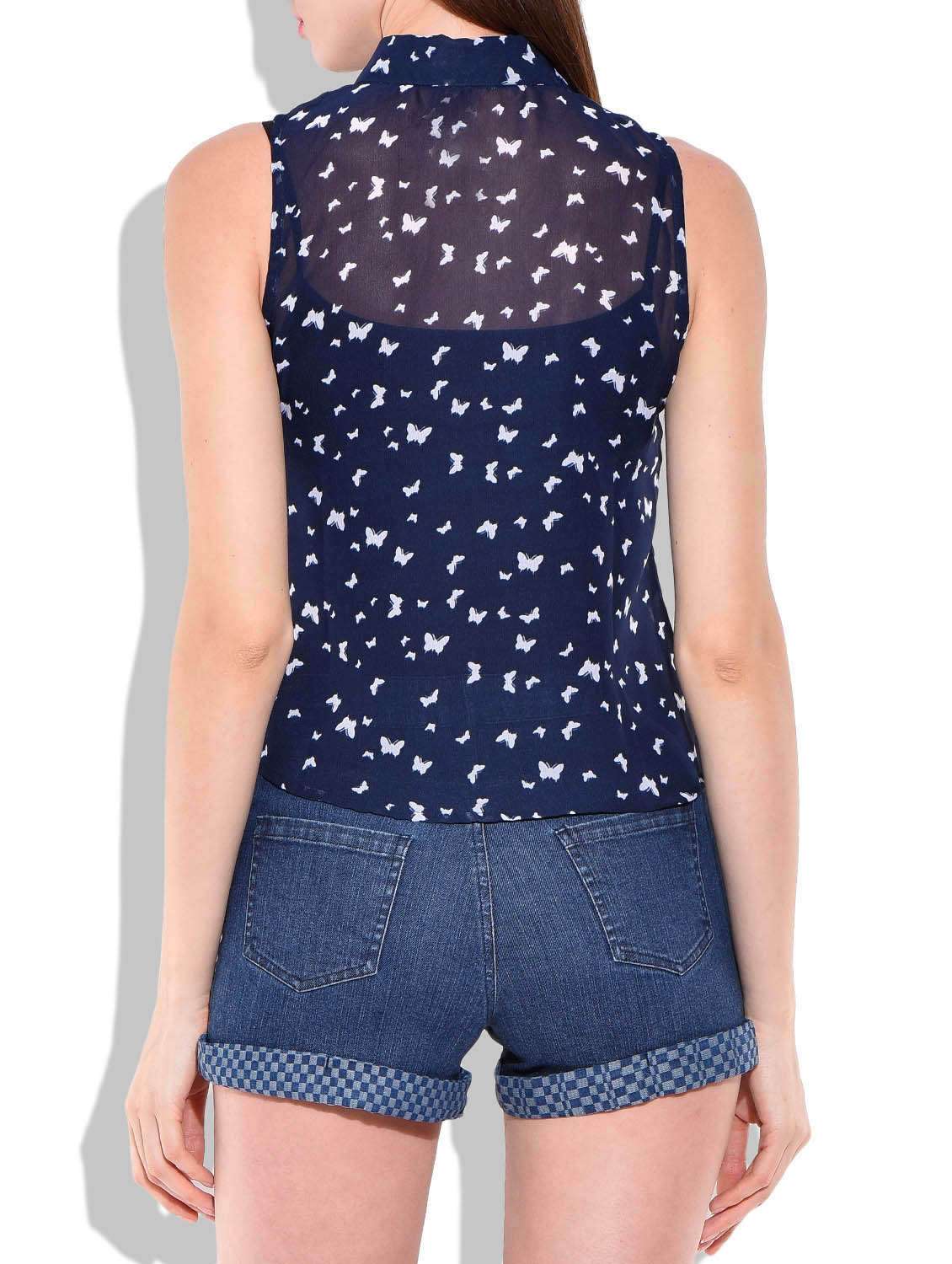 navy blue,white poly georgette crop shirt - 10016579 -  Standard Image - 2