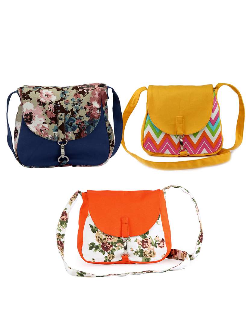 set of 3 multicolored printed canvas sling bag