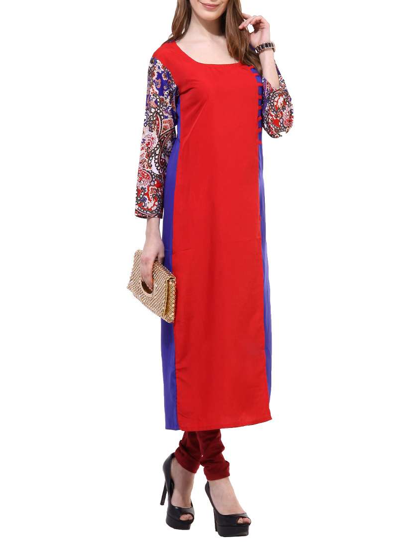 red crepe printed kurta