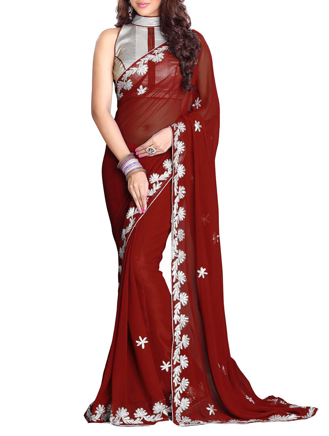 maroon faux georgette saree
