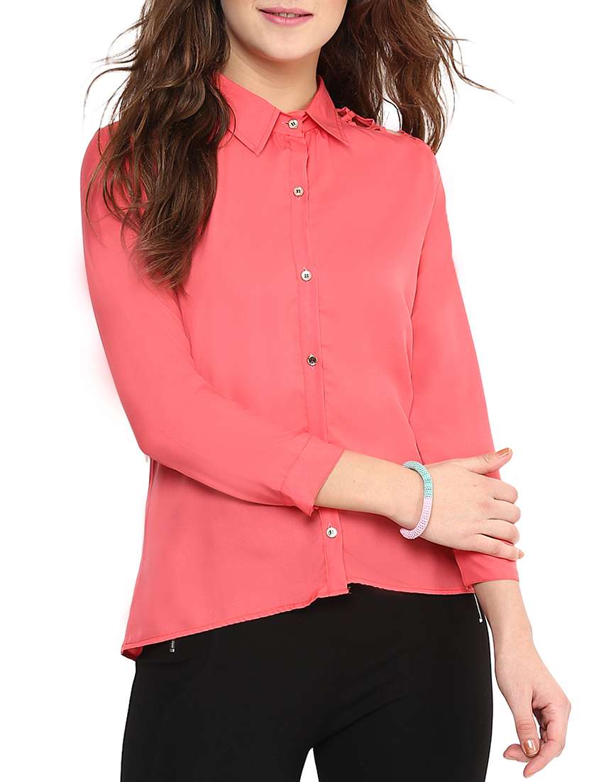 coral solid casual collared shirt