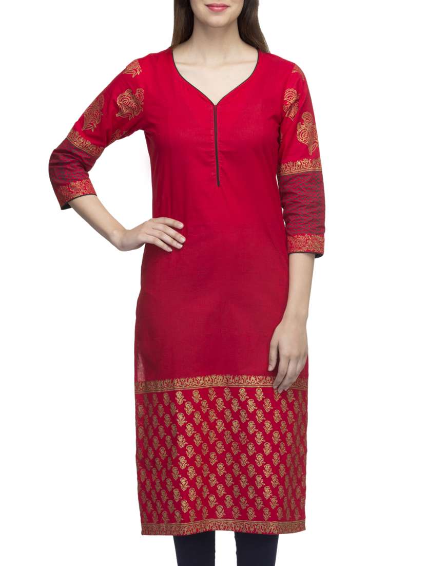 red cotton block printed straight kurta