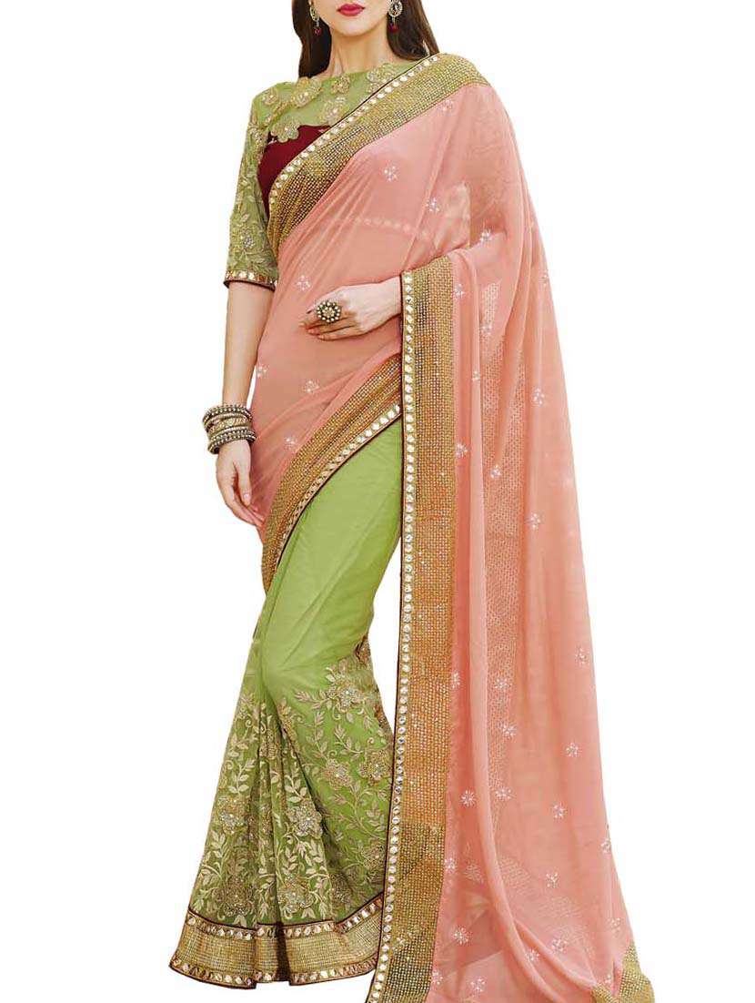 indianefashion  pink and green faux georgette embroidery sarees