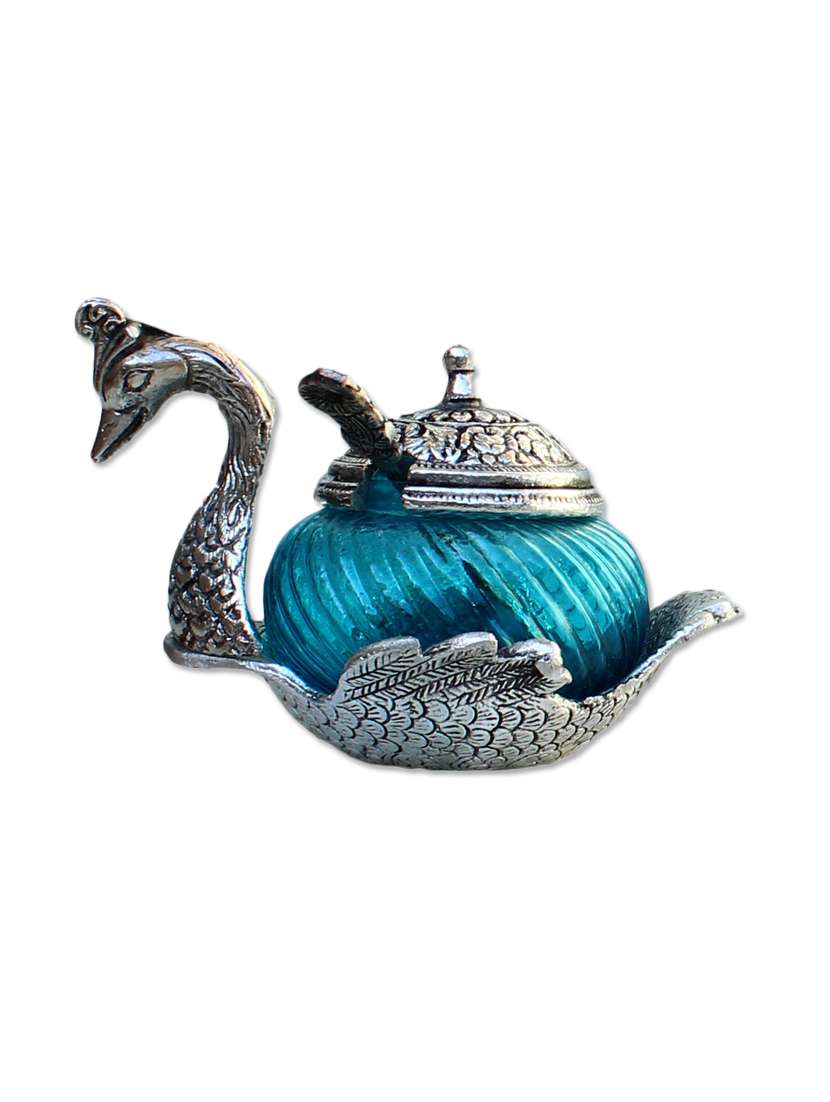 Craft Traditional Rajasthani Handicraft Metal Single Duck Bowl - Silver and Glass Decorative Sky Blue Color Peacock Platter
