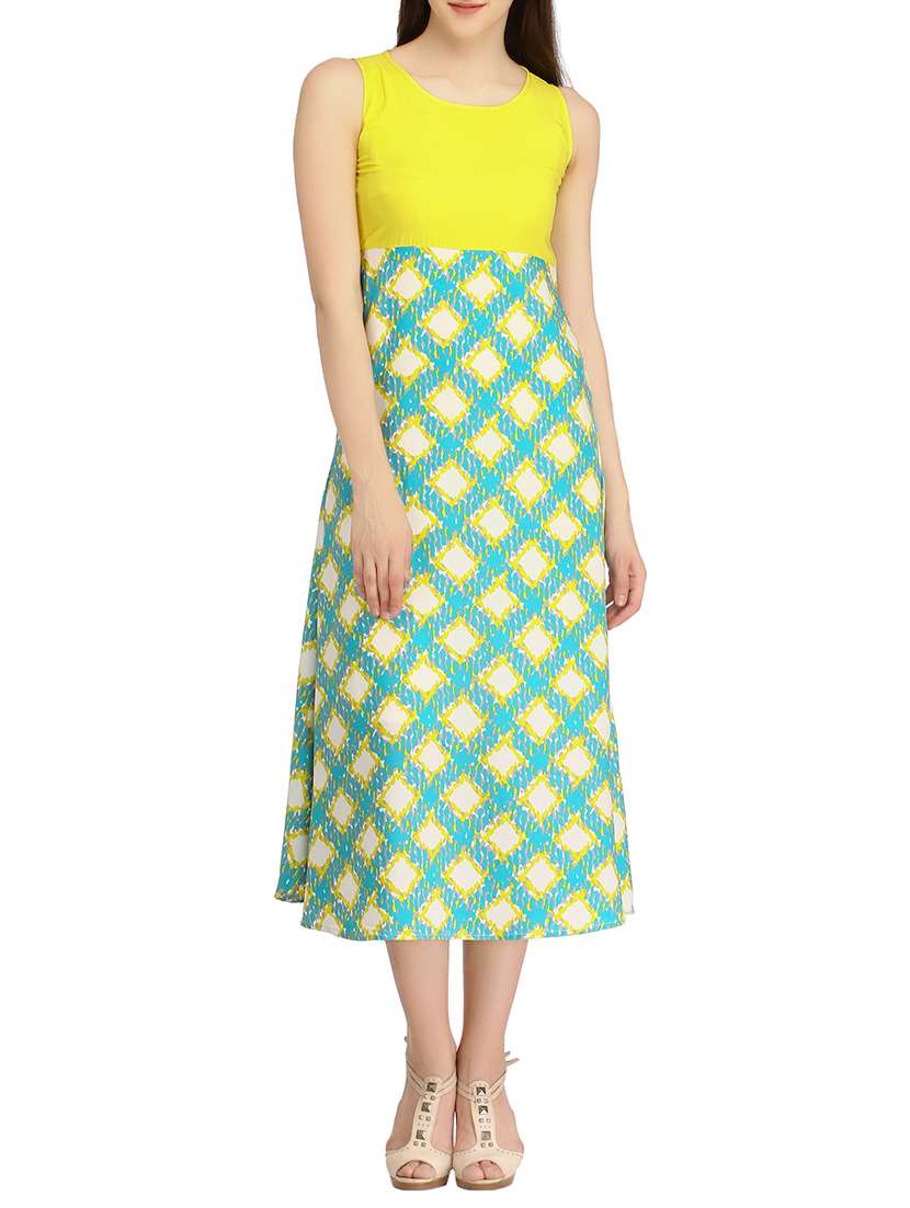 round neck printed detail  a line dress