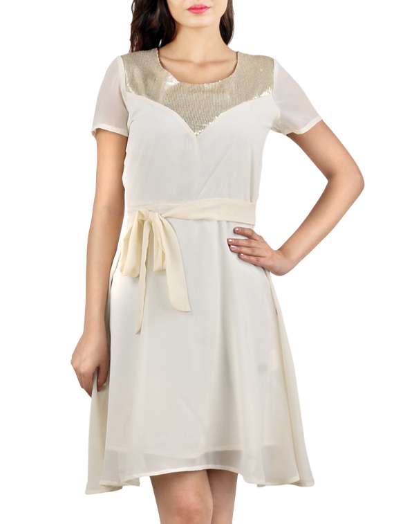 sequinned half sleeve beige dress