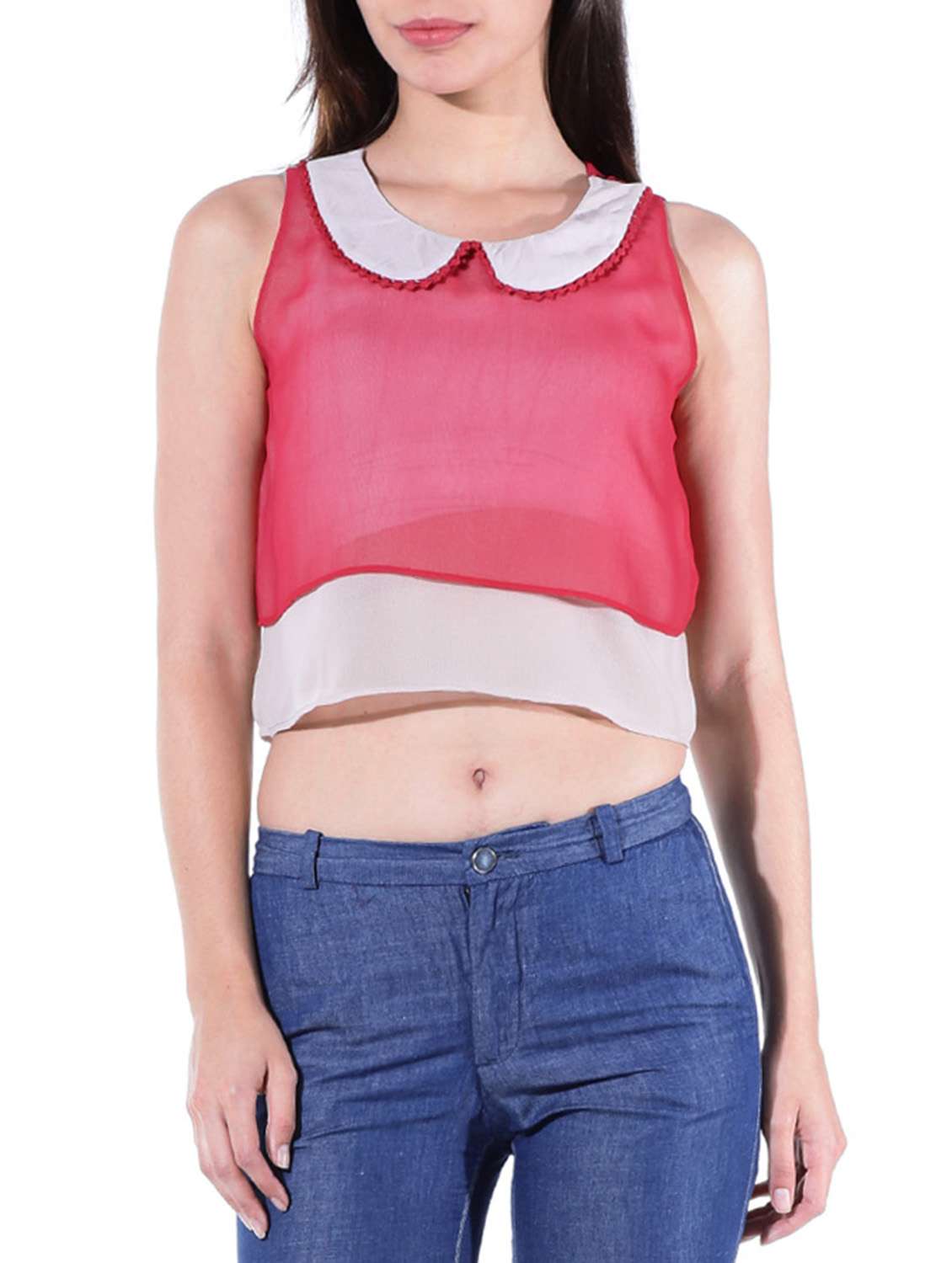 red, grey poly georgette top