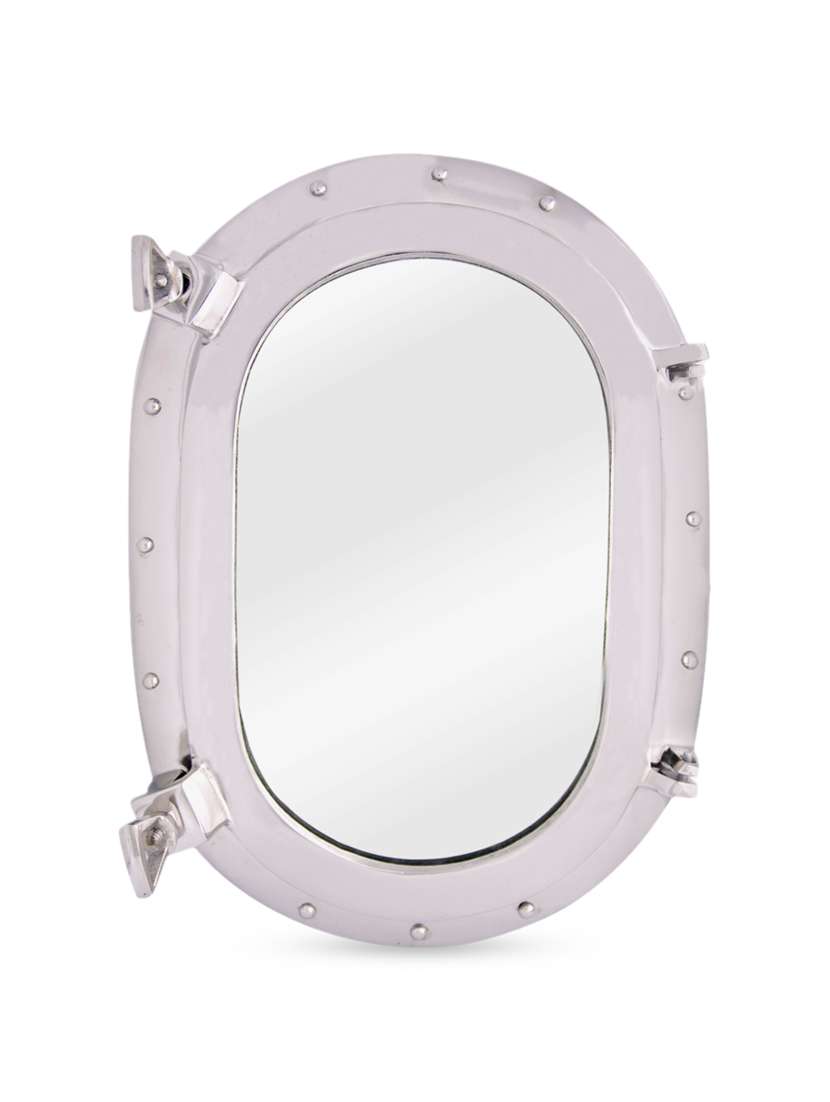 silver porthole style aluminium oval mirror