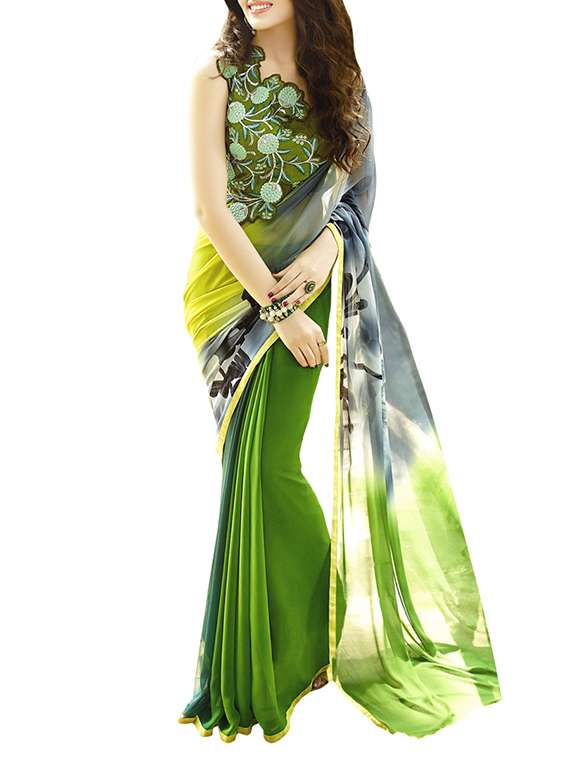 green georgette printed saree with blouse