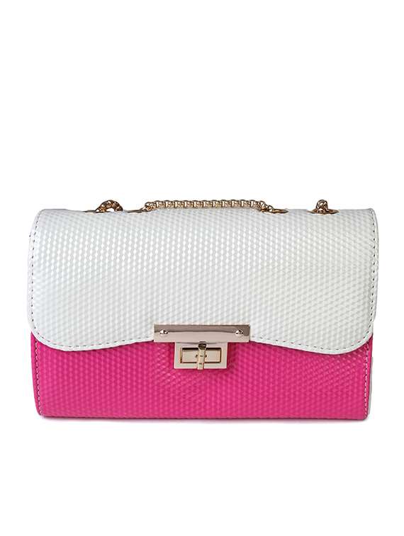white & pink textured leatherette color block sling bag