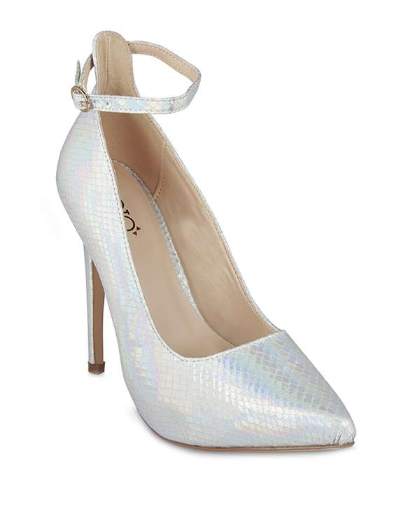 silver leatherette pumps