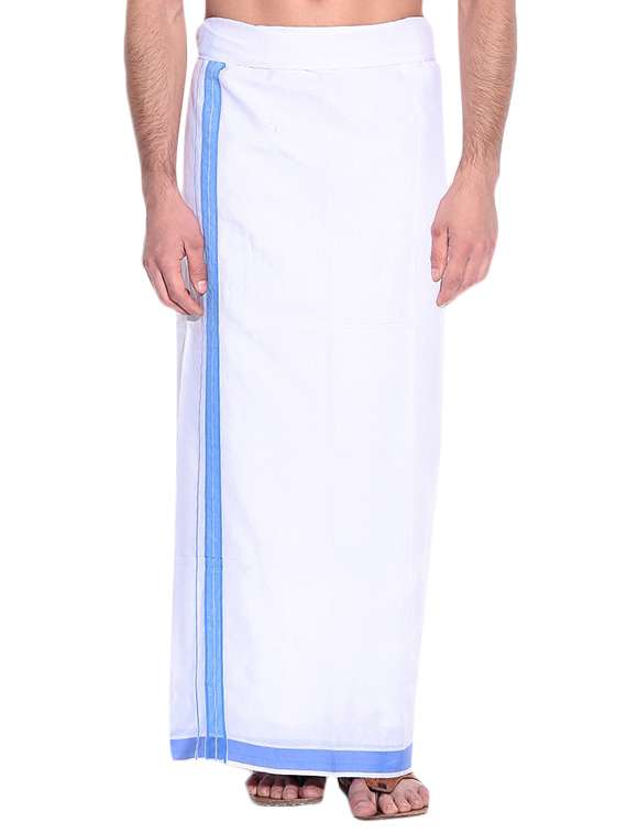 white solid dhoti with sky blue border