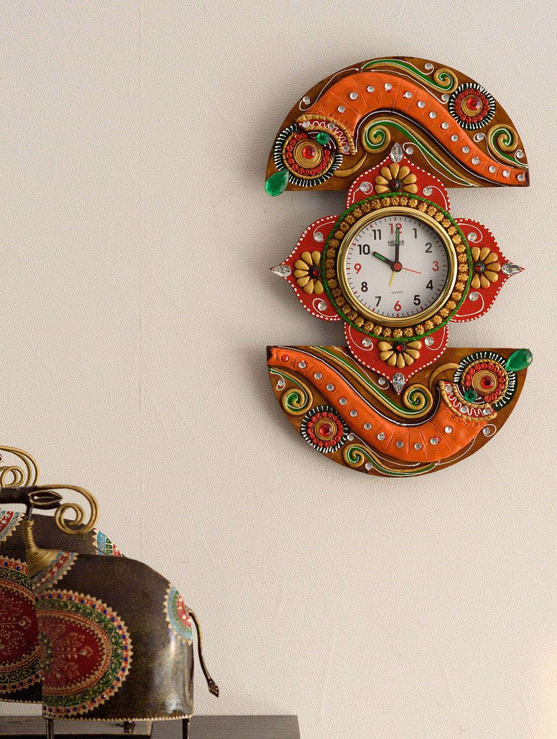 ecraftindia shehnai embossed artistic papier-mache wooden wall clock
