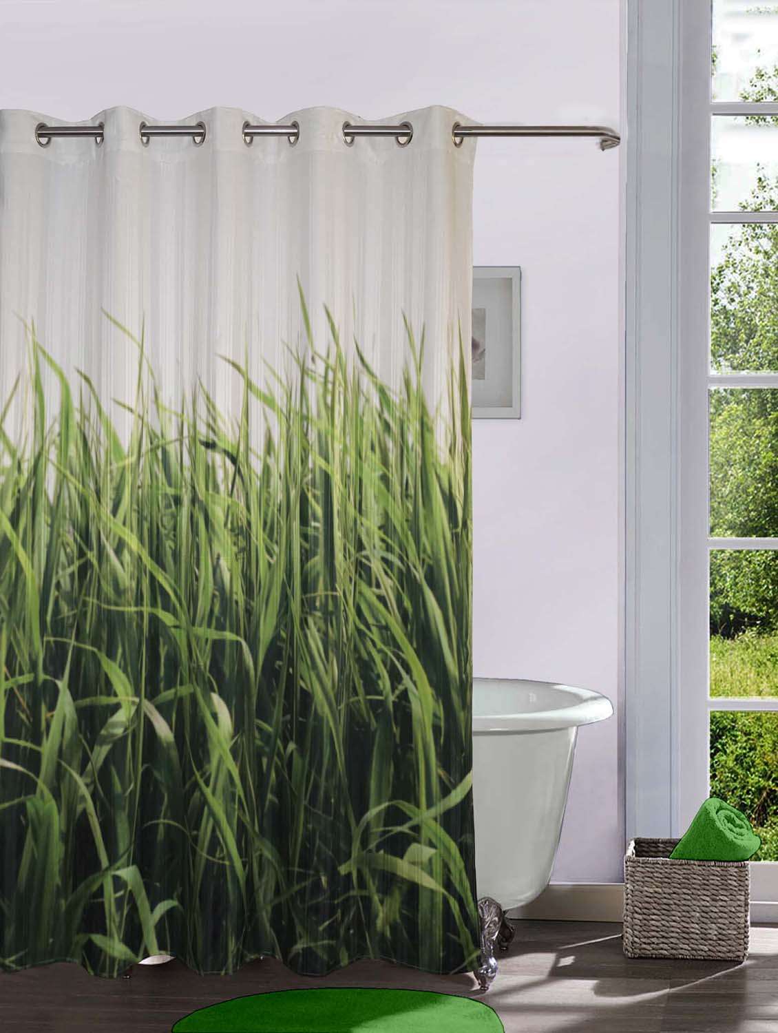 lushomes digitally printed grass shower curtain with 10 eyelets