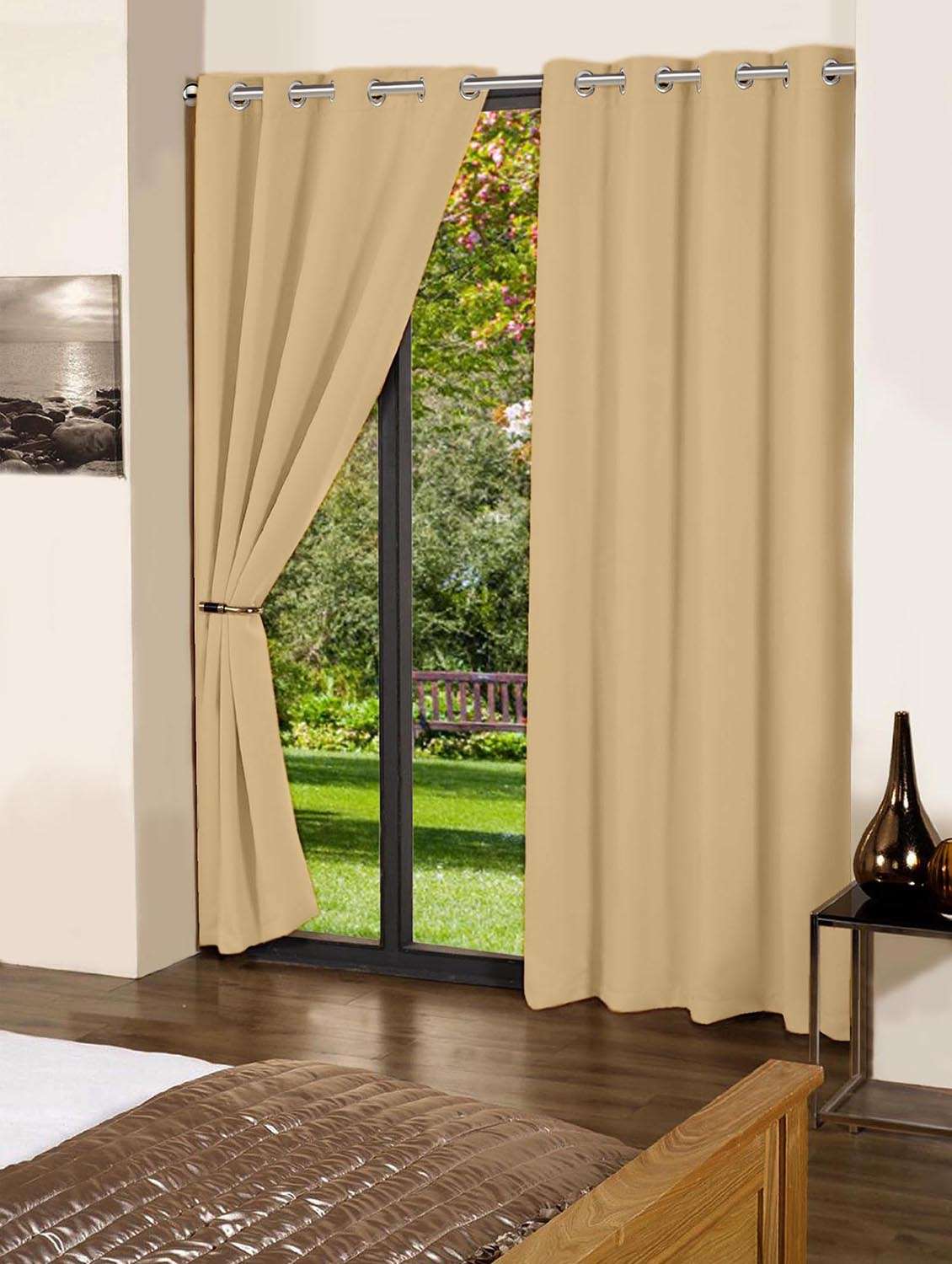lushomes sand plain cotton curtains with 8 eyelets & plain tiebacks for long door