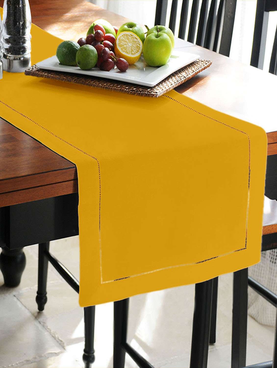 lushomes lemon chrome unidyed holestitch runner with 3 cms hemmed (double border) holestitch on all 4 sides