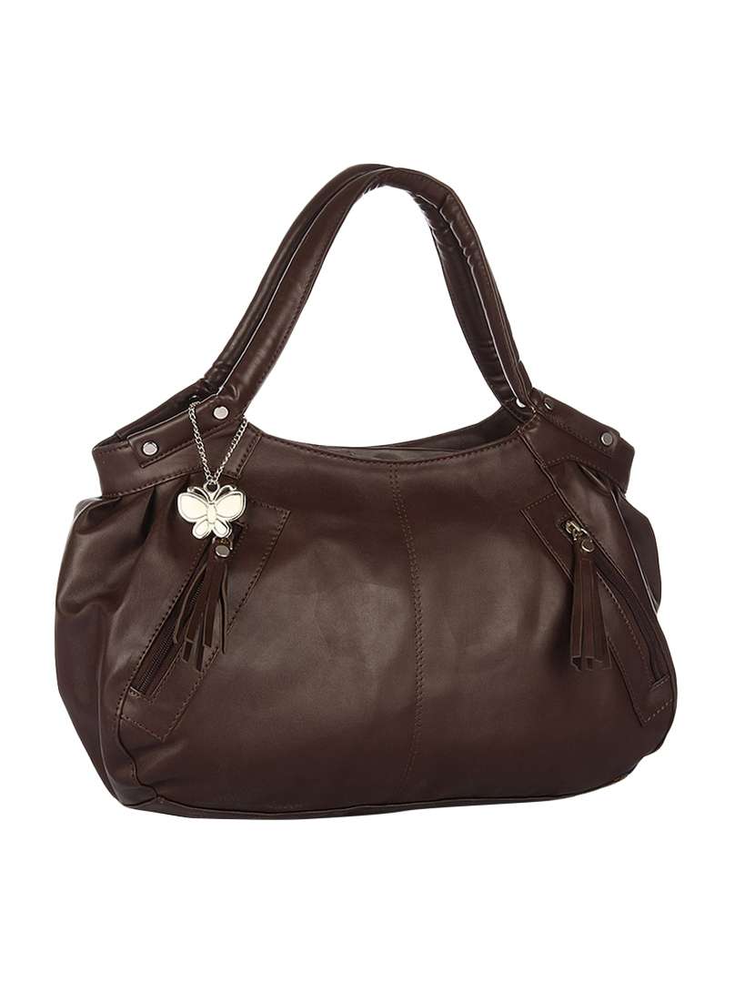 brown leatherette handbag with tasseled zipper