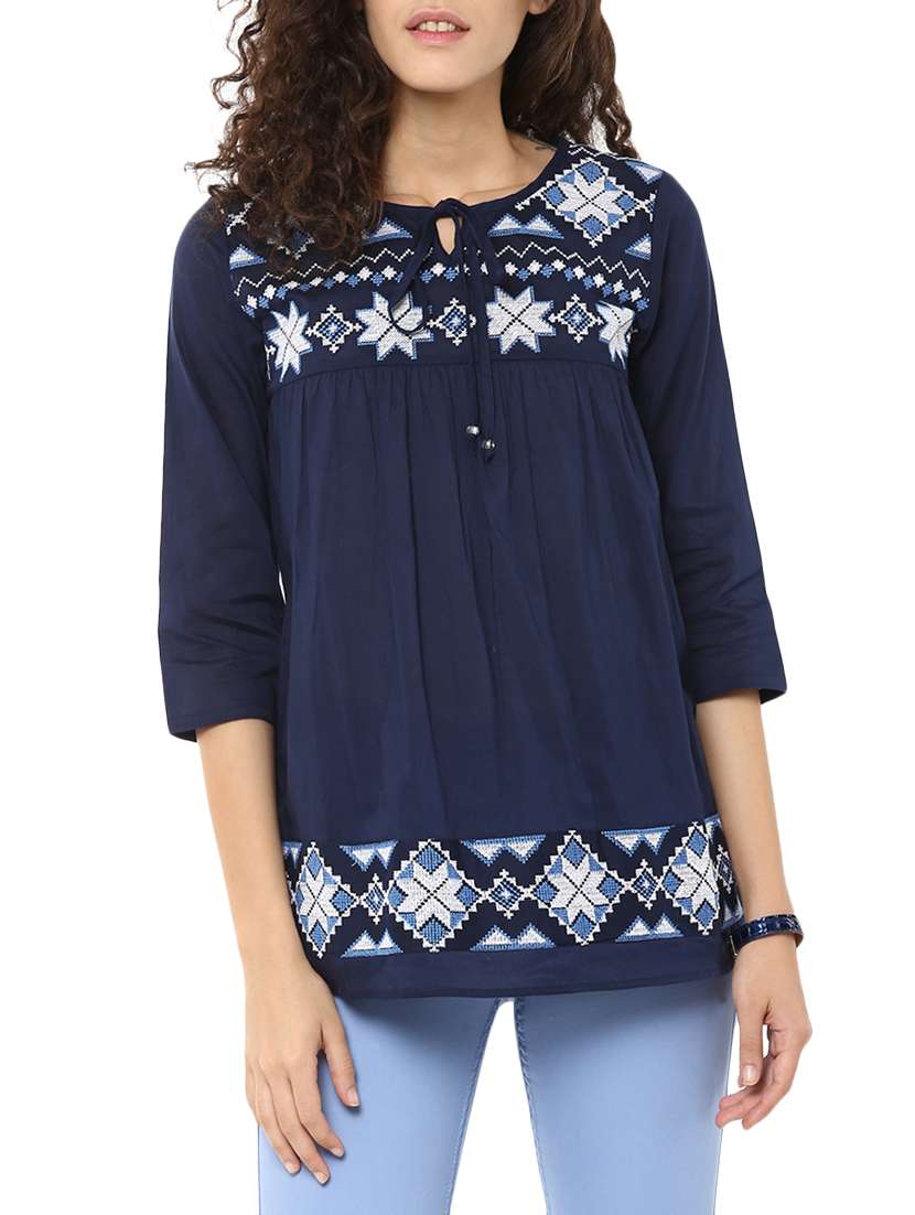 blue embroidered cotton top