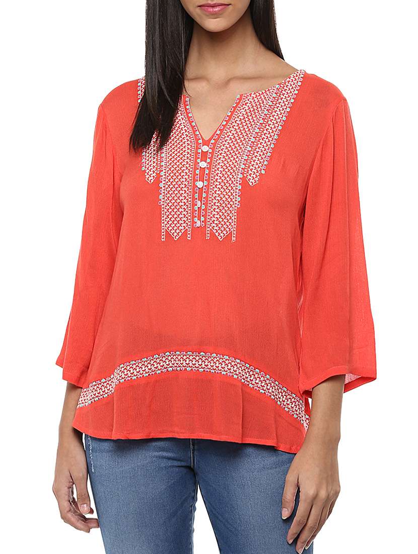  coral embroidered rayon crepe blouse