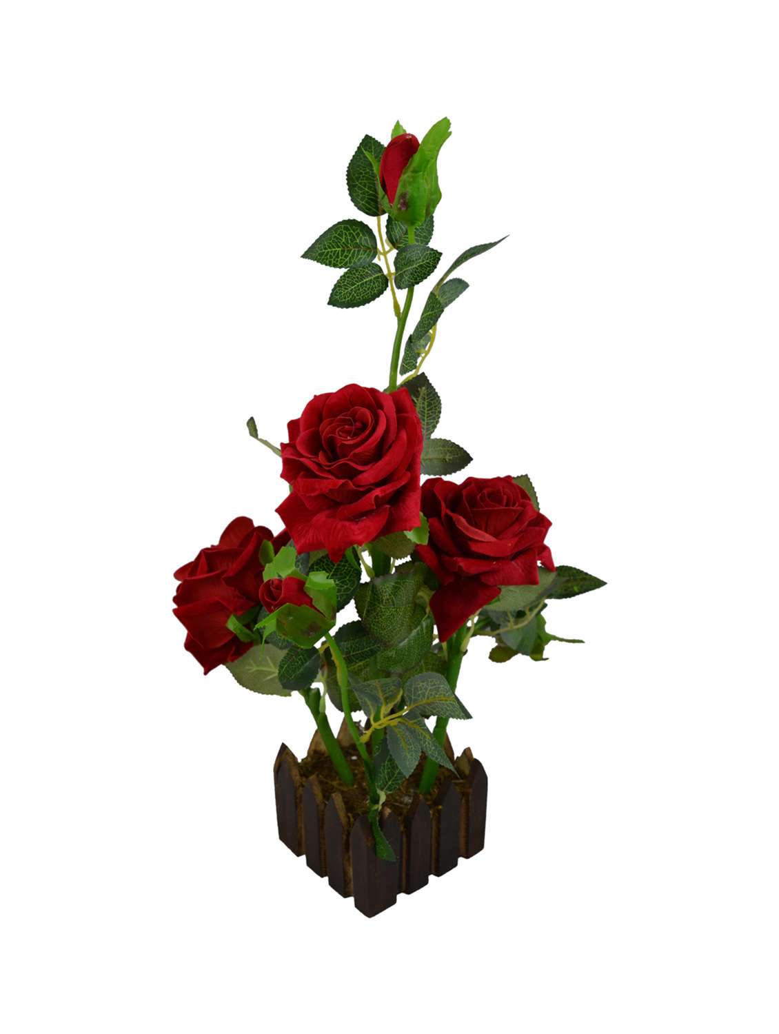 Real Look Artificial Rose Flower Plant Prototype With Medium Size Wood Pot