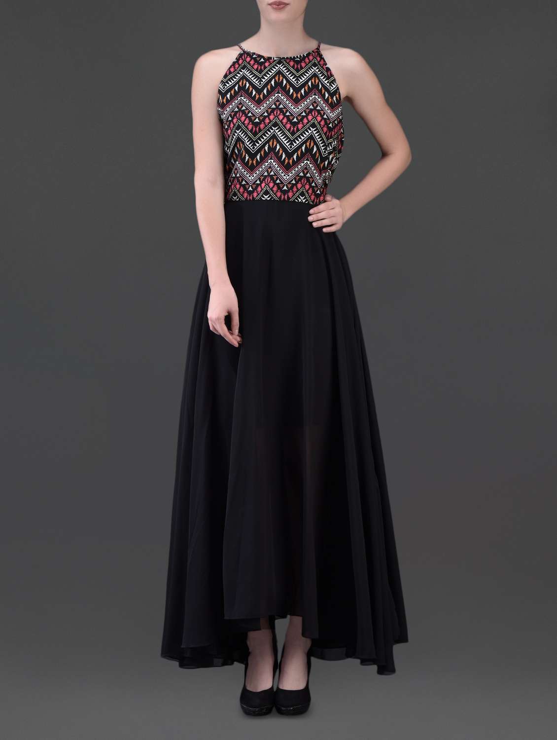 geometric print black maxi dress