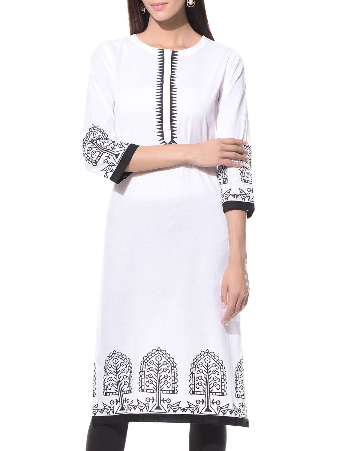 White printed round neck cotton kurta