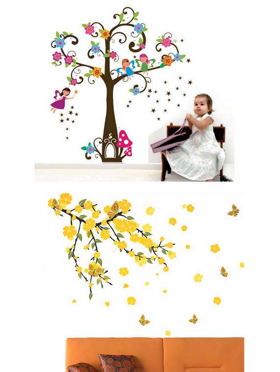 angel girl tree and yellow flowers branch combo wall stickers