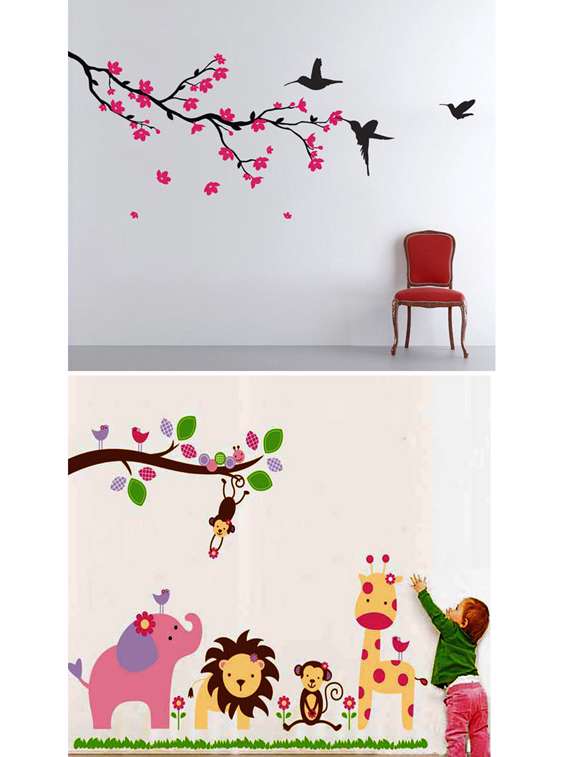 cartoon animals and hummingbirds blossoms combo wall stickers