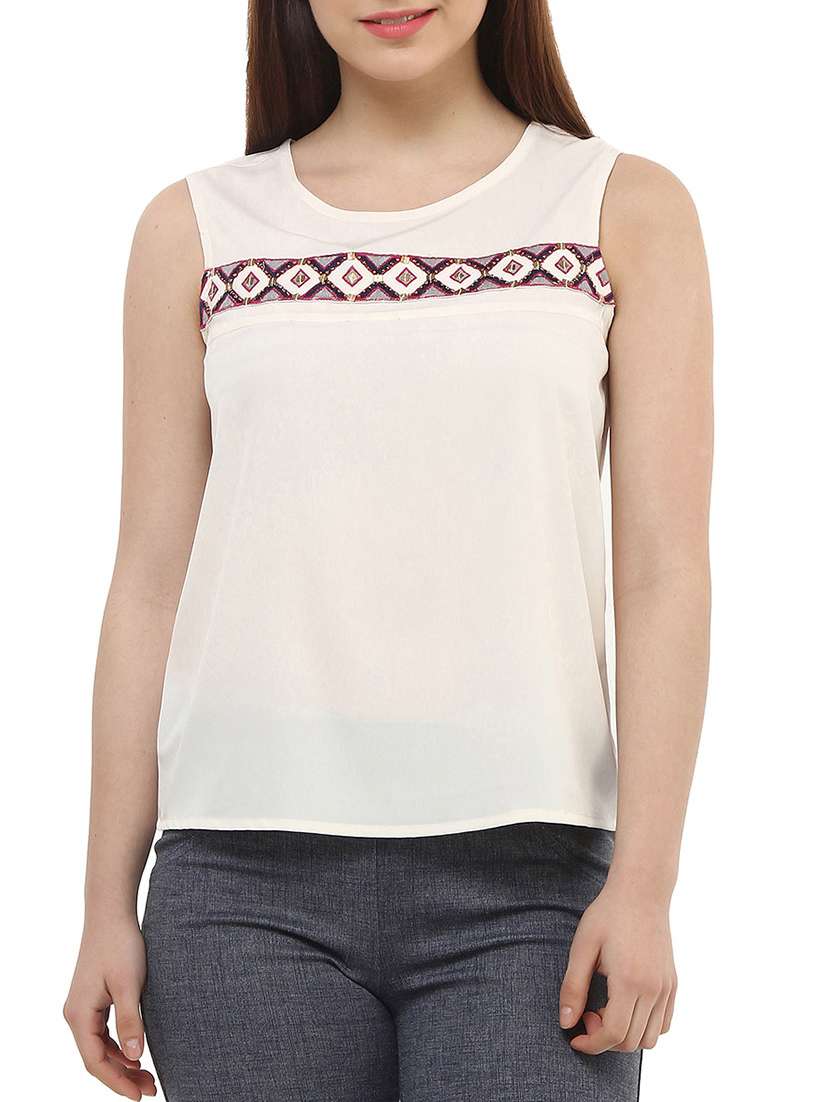 embellished paneled round neck top