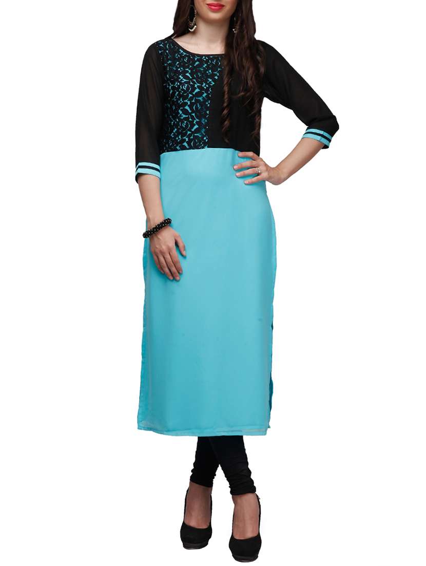 turquoise poly georgette long kurta