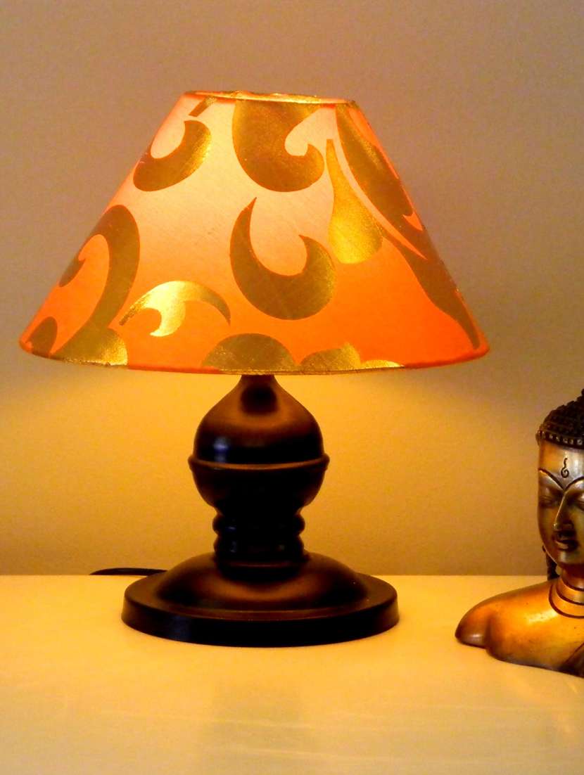 multicolored metal and fabric table lamp