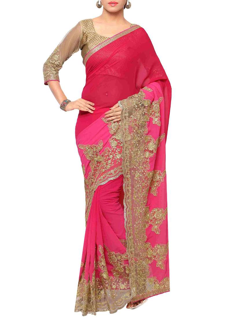 pink faux georgette embroidered saree