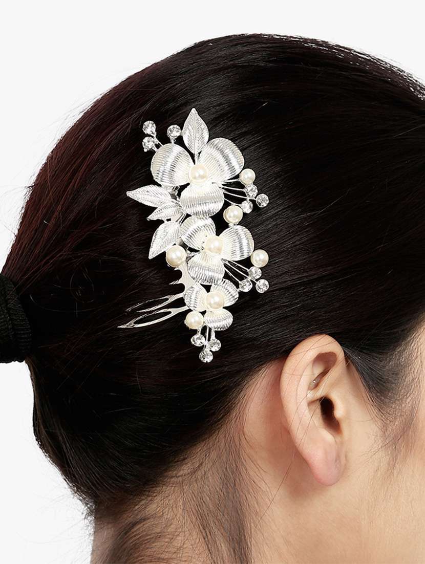 Buy Online Prita S Party Wear Sliver Floral Stone Hair Clip For