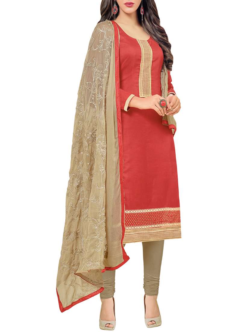 red chanderi unstitched suit