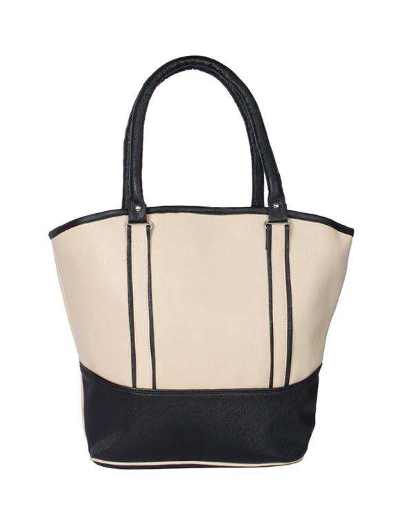 cream and black faux leather shopping bag