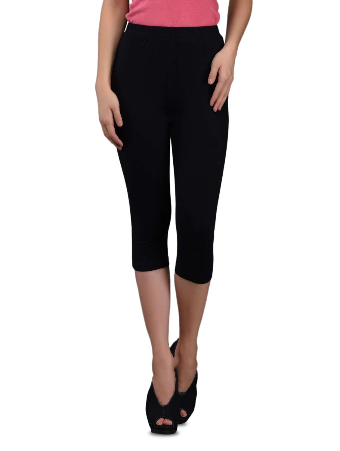 black cotton knit lycra knee-length leggings