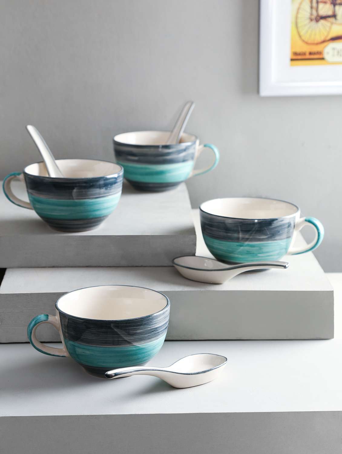 handpainted seagreen soup bowl with spoon set of 4