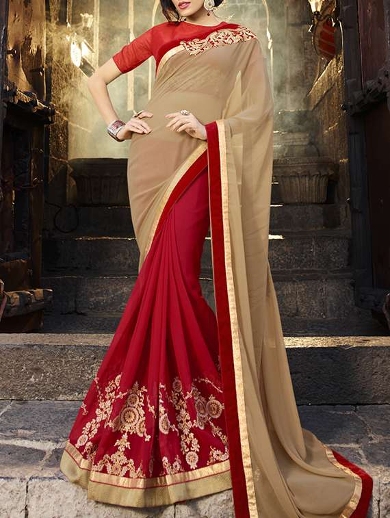 beige , red georgette saree