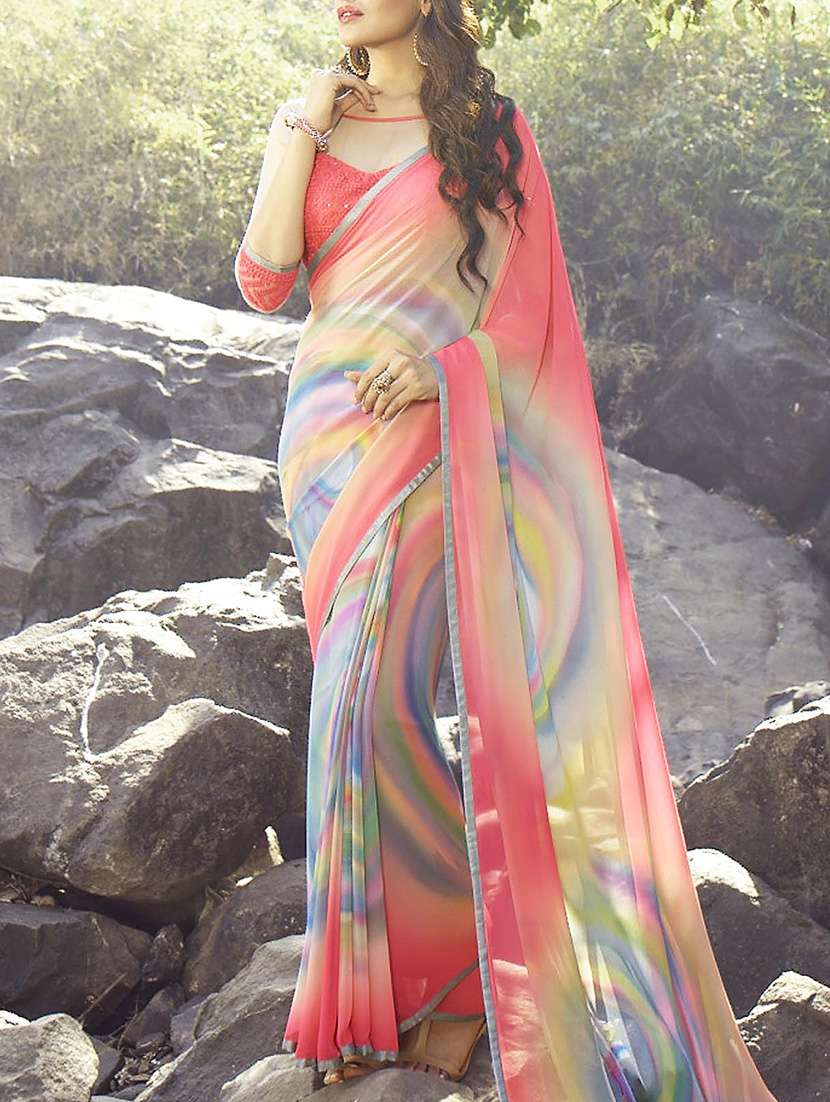 abstract printed saree with contrast piping on border