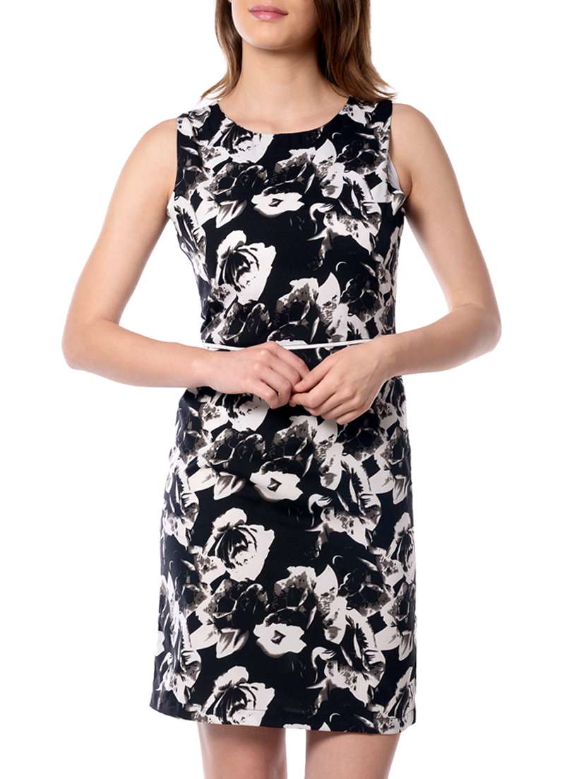 black crepe floral sheath dress