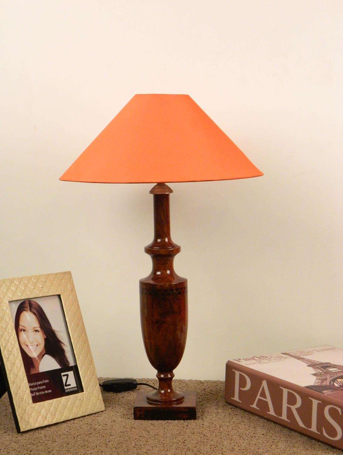 mango wood classic table lamp with 13" pyramid shade- orange